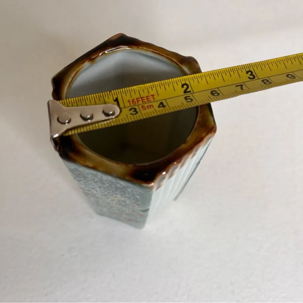 Vintage Hexagon Shape Japanese Vase Bamboo Green Sponge Red Gold Ridged Brown - Picture 10 of 11